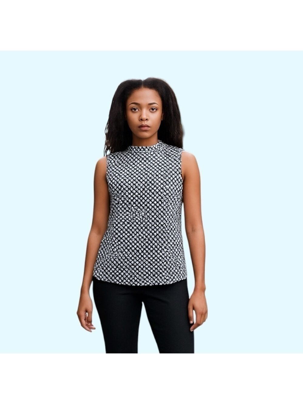 Atmosphere sleeveless blouse top mock neck keyhole closure blue white size 6